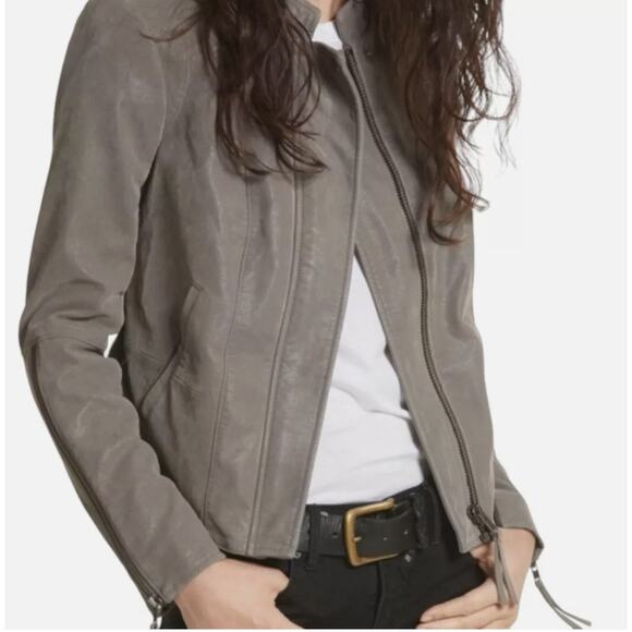 Free People Gray Faux Vegan Leather Zip Up Moto Jacket Women Sz 10 - Picture 8 of 16